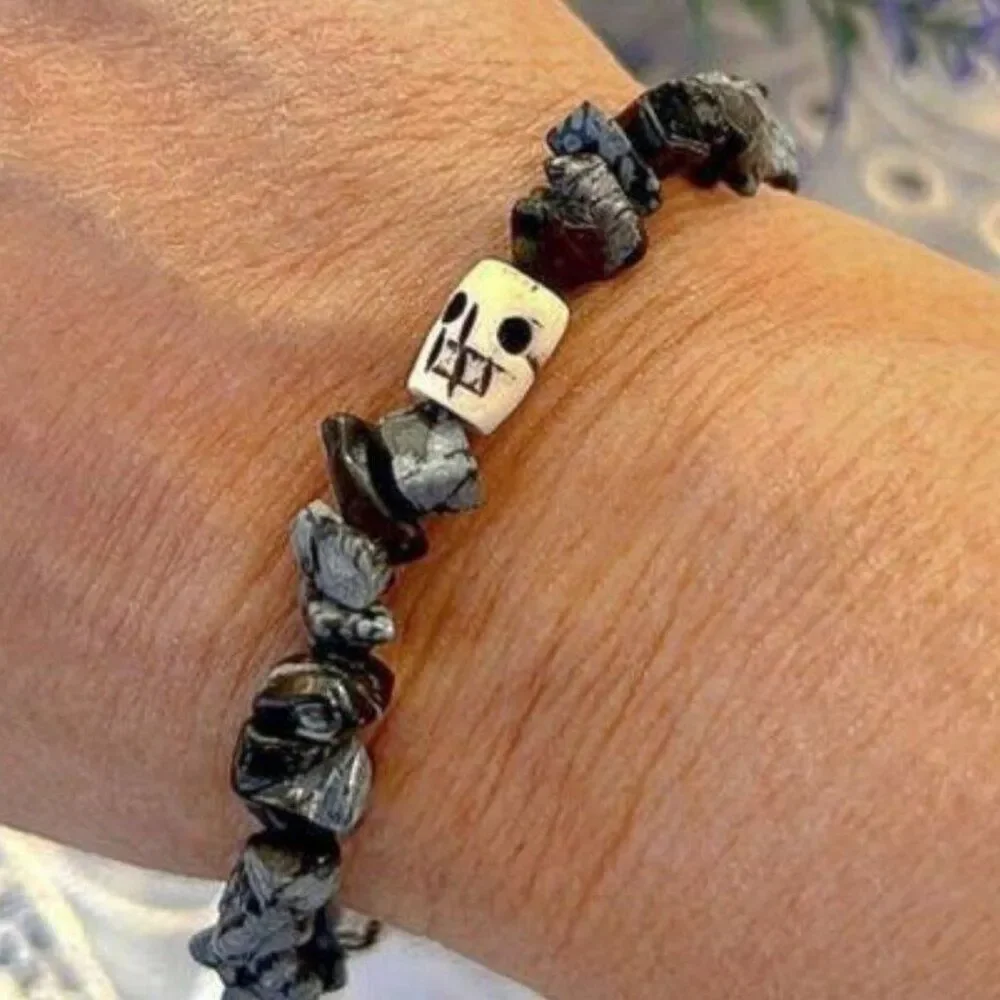 Skulls & Tumbled Snowflake Obsidian Stretch Bracelet